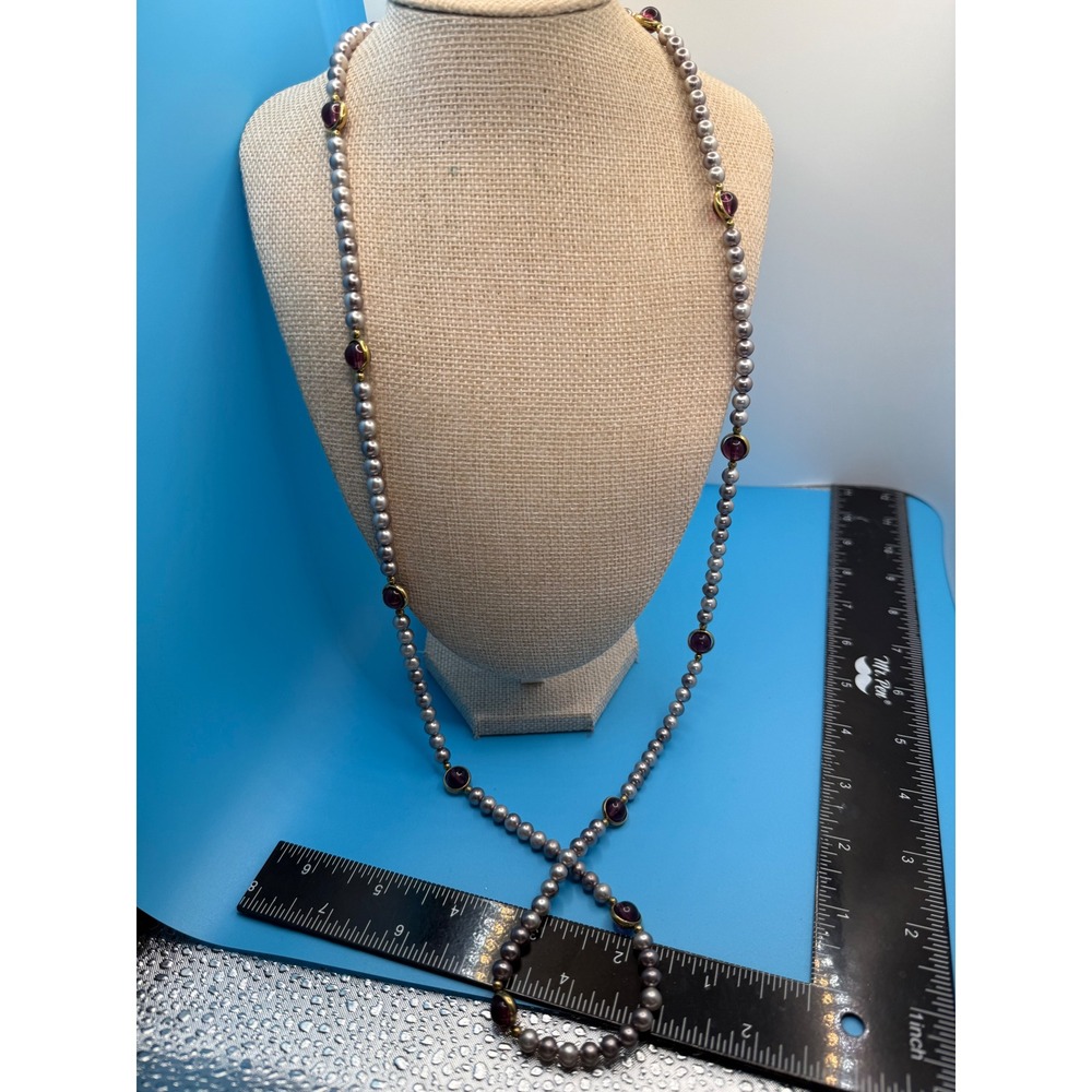 Vintage Grey Faux Pearl Long Strand Necklace Purple Cabochon Gold Tone 34 Inch